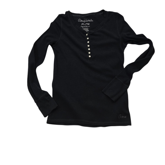 Aeropostale Stretch Black Waffle Knit Henley T Shirt Long Sleeve Y2K XL/TG - Picture 6 of 15